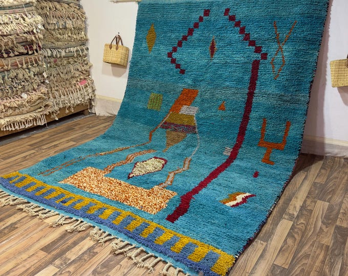Authentic Moroccan Rug - Hand-Knotted Turquoise Berber Wool Carpet - Colorful Boho Home Decor