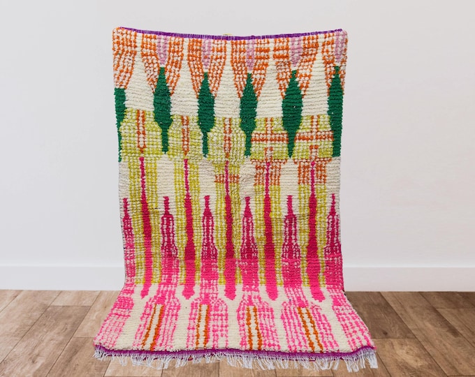 Authentic Handmade Pink Green Abstract Moroccan Berber Rug Custom Tribal Wool Bohemian Area Decor