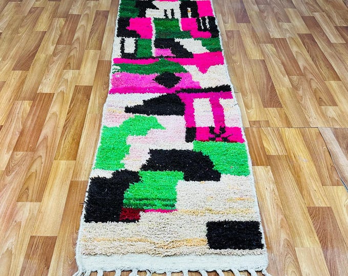 Handmade Berber Runner Rug: Hot Pink, Green & Black Abstract Wool Hallway Rug