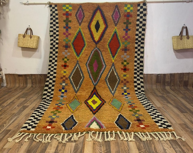 Marigold Symbolic Weave | Hand-Knotted Moroccan Wool Floor Art with Checkered Border
