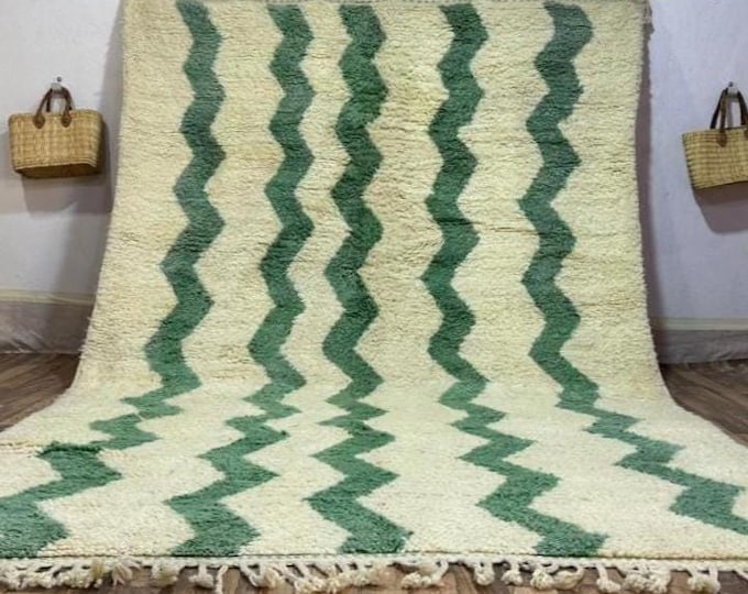 Unique Handwoven Green Wool Rug - Modern Twist on Beni Ourain Design