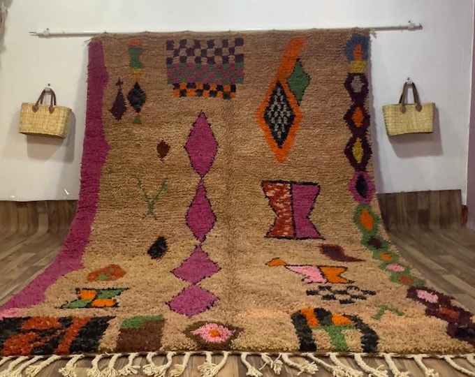 Neutral Shag Rug, Hand-Knotted Boujad Moroccan Carpet, Fuchsia Pink Accent, Symbolic Maximalist Berber Rug