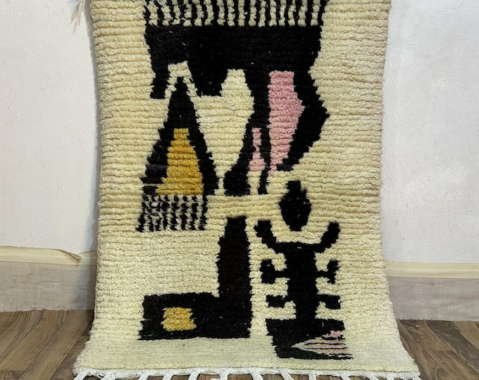 Abstract Art Wool Rug | Handwoven Moroccan Runner with Modern Pictorial Motifs