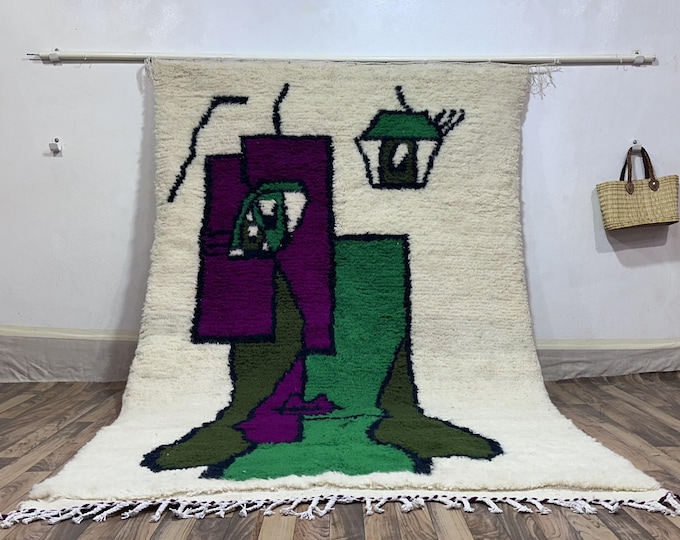 Abstract Art Wool Rug | Handwoven Moroccan Carpet with Modern Pictorial Figure
