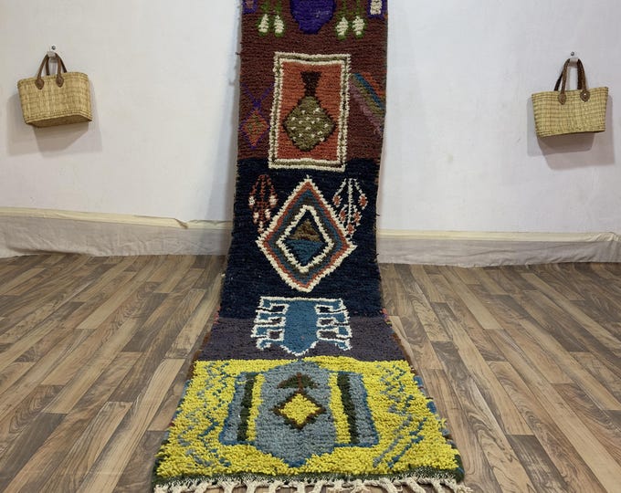 Pictorial Moroccan Runner Rug | Handwoven Wool Carpet with Colorful Abstract & Tribal Art