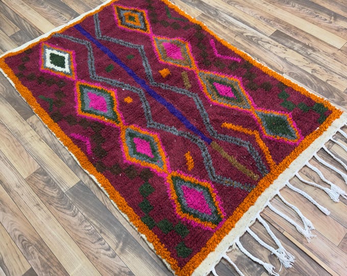 Burgundy & Pink Wool Rug | Handwoven Moroccan Accent Carpet with Colorful Diamonds