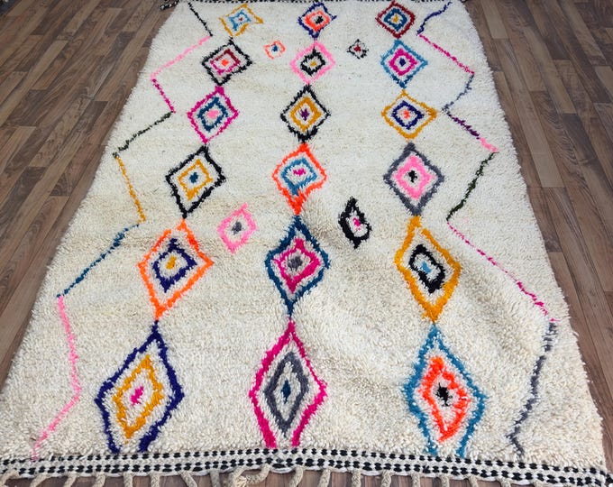 Authentic Handmade Moroccan Berber Rug - Colorful Geometric Diamond Pattern Wool Carpet - Soft Plush Tribal Area Rug for Boho Home Decor