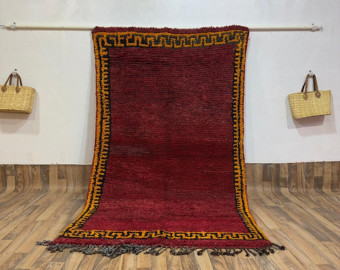 Opulent Deep Red Moroccan Rug | Custom Hand-Knotted Berber Wool Carpet with Ochre Geometric Border