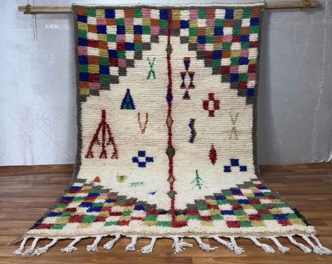 Colorful Azilal Rug – Moroccan Handmade Wool Carpet – Bohemian Berber Abstract Design – Multicolor Geometric Area Rug –Tribal Moroccan Decor
