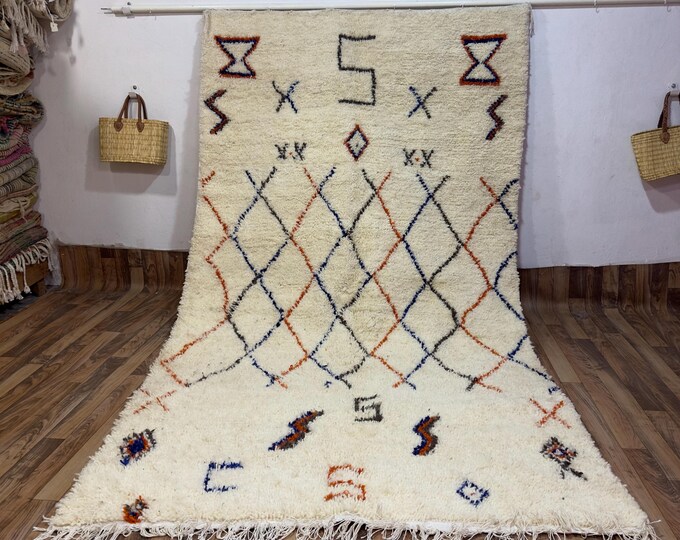 Woven Moroccan Rug Hand-Knotted Ivory Wool Shag Boho Abstract Berber Area Rug Custom Size