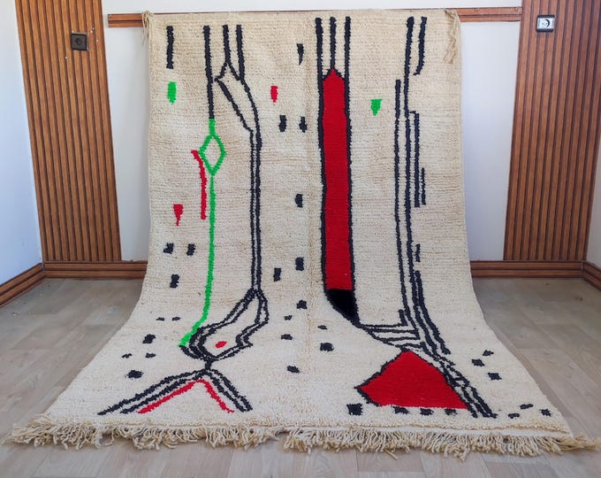 Handwoven Moroccan Wool Rug Cream Black Azilal Berber Abstract Art Living Room Area Rug