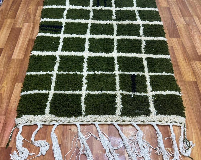 Handwoven Moroccan Wool Rug: Dark Green Grid Berber Carpet
