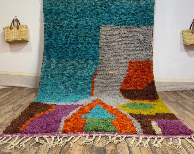 Abstract Landscape Wool Rug | Handwoven Moroccan Carpet in Teal, Orange & Purple