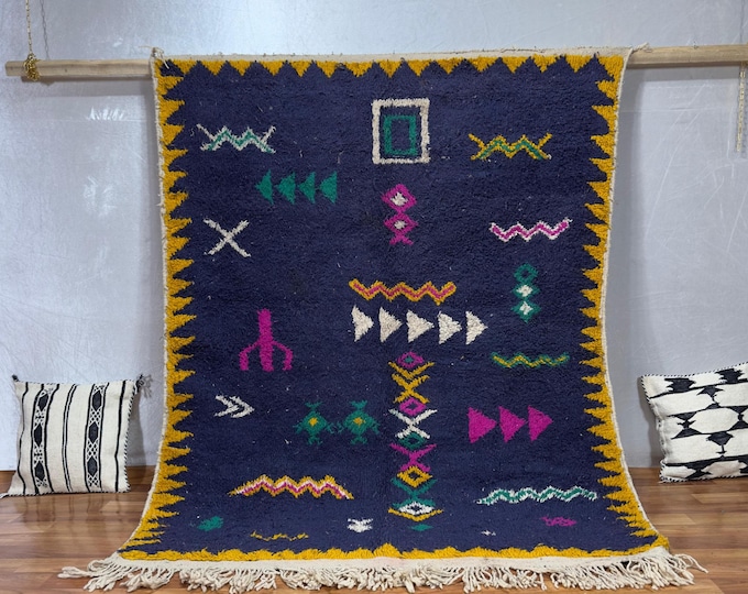 Navy Blue Rug, Handmade Moroccan Wool Carpet, Colorful Bohemian Area Rug for Living Room, Custom Size, Free shipping.