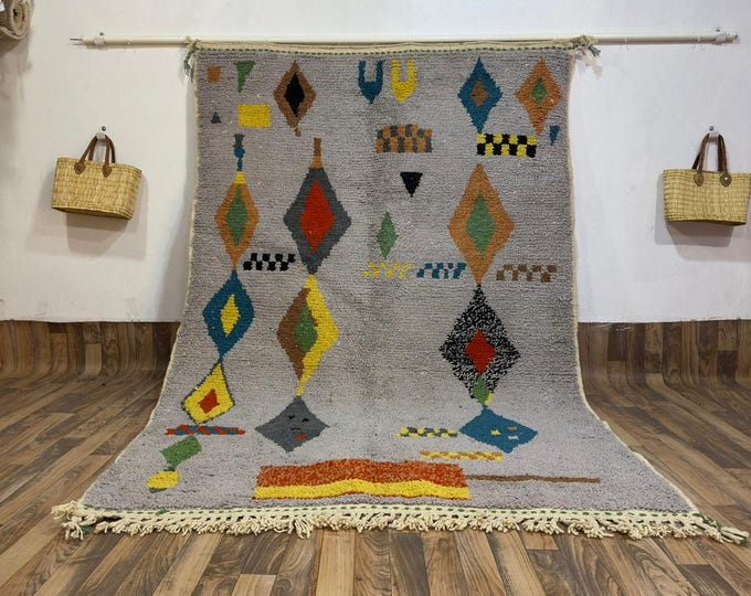 Grey Abstract Berber Wool Rug | Hand-Knotted Tribal Area Carpet | Colorful Moroccan Art Decor