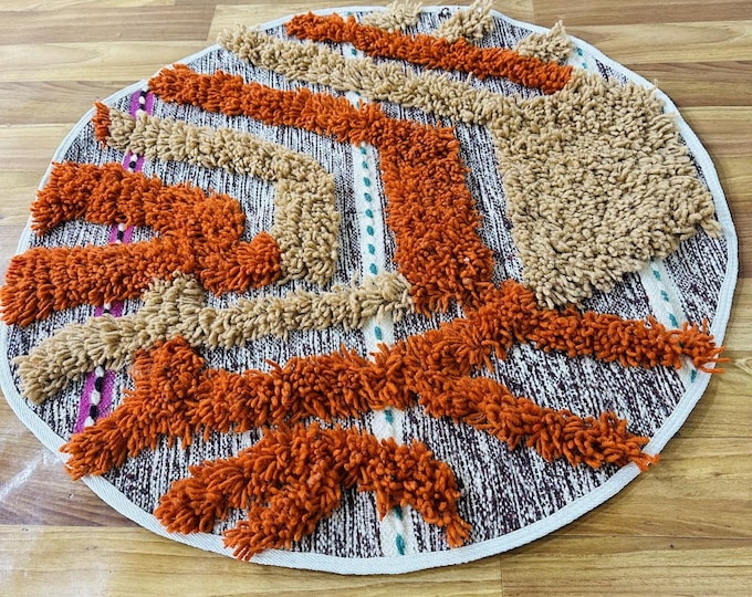 Handwoven Round Rug – Orange, Beige Wool Shag, Berber Design – Custom Sizes Available – All sizes can be made on request