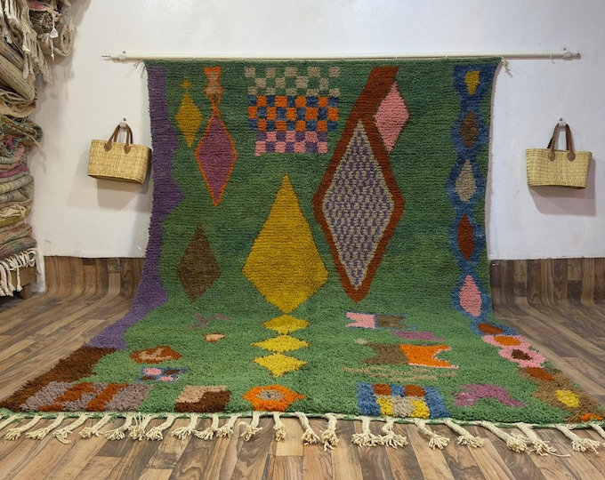 Olive Green Abstract Wool Rug | Handwoven Biophilic Moroccan Area Rug | Tribal Statement Piece