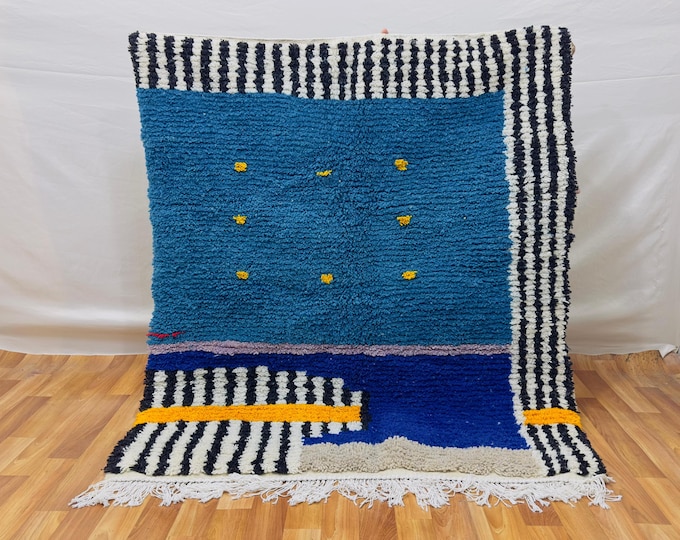 Handwoven Blue Berber Wool Rug: Abstract Moroccan Art Decor