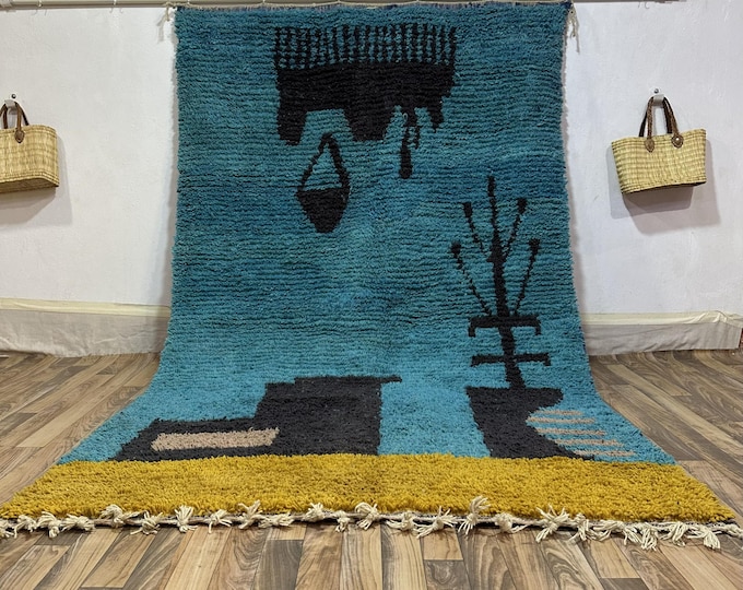 Moroccan Wool Rug Handwoven | Modern Teal Yellow Area Carpet | Pictorial Artisan Home Decor