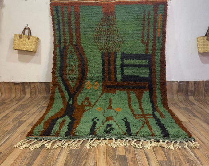 Nature-Inspired Sage Green Wool Rug | Artisan-Crafted Narrative Folk Art Carpet | Abstract Tree Figurative Centerpiece