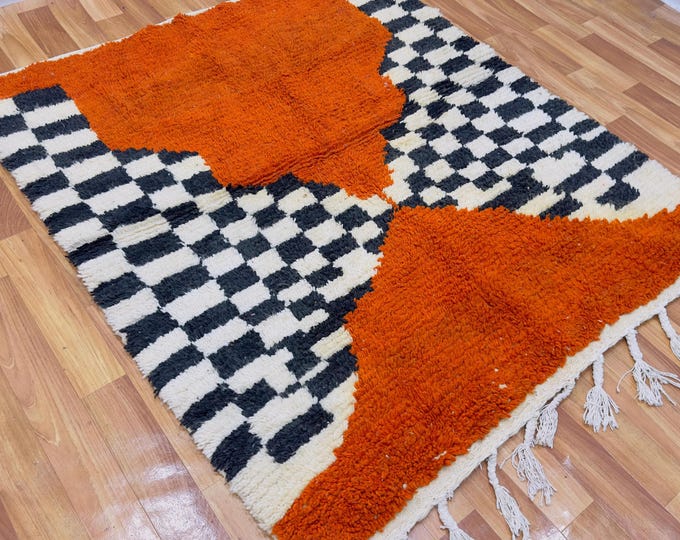 Hand-knotted Horizon Rug | Orange & Black Moroccan Wool Carpet | Tribal Boho Art Decor