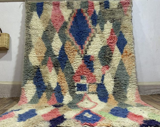 Pastel Diamond Wool Rug | Handwoven Moroccan Carpet with Abstract Watercolor Design