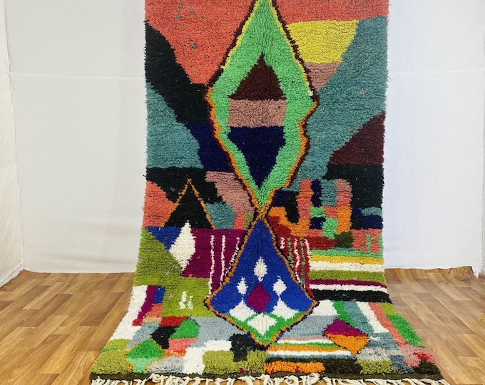 HANDMADER WOOL RUG – Bold Berber Carpet with Geometric Diamond Motif – Colorful Wall Art or Floor Accent – Free Worldwide Shipping