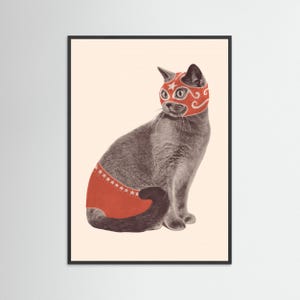 Könnte beinhalten: Gerahmter Druck mit einer grauen Katze, die eine rote Wrestlingmaske und -hose trägt. Die Maske hat ein Sterndesign, und die Hose ist mit weißen Sternen verziert. Die Katze sitzt vor einem cremefarbenen Hintergrund.