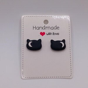 Black Cat Earrings with Crescent Moon - Handmade Polymer clay Studs - Cute Cat Jewelry - Witchy Aesthetic Gift for Her