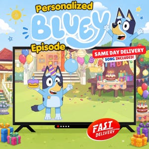Bluey födelsedagsvideomeddelande personligt, anpassad barnvideopresent, animerad födelsedagsöverraskning, digital festvideo för barn