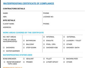 Waterproofing Certificate Template | Download your Editable word document | Printable, custom PDF for Tilers, Tradies & Builders
