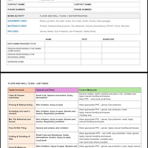 Może przedstawiać: Formularz Oświadczenia o Bezpiecznej Metodzie Pracy dla płytek podłogowych i ściennych oraz hydroizolacji. Formularz zawiera sekcje dotyczące adresu miejsca pracy, danych firmy, informacji o głównym wykonawcy i czynnościach roboczych. Zawiera listę używanego sprzętu, materiałów i środków ochrony osobistej.