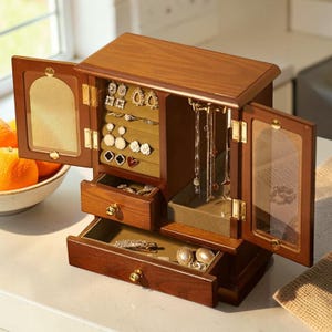 Puede incluir: Un joyero de madera con un acabado marrón cálido, abierto para revelar varios compartimentos. La caja cuenta con un espejo, cajones y espacio para colgar collares. En el interior, hay pendientes, pulseras y otras piezas de joyería.