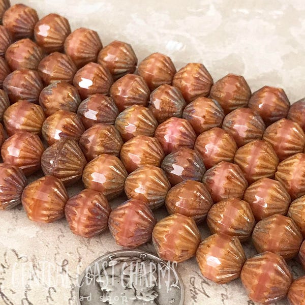 9mm Czech Glass Fluted Bicone Beads (25) Coral Pink Etched Travertine Picasso - African Tribal Bohemian Earthy Rustic - Central Coast Charms