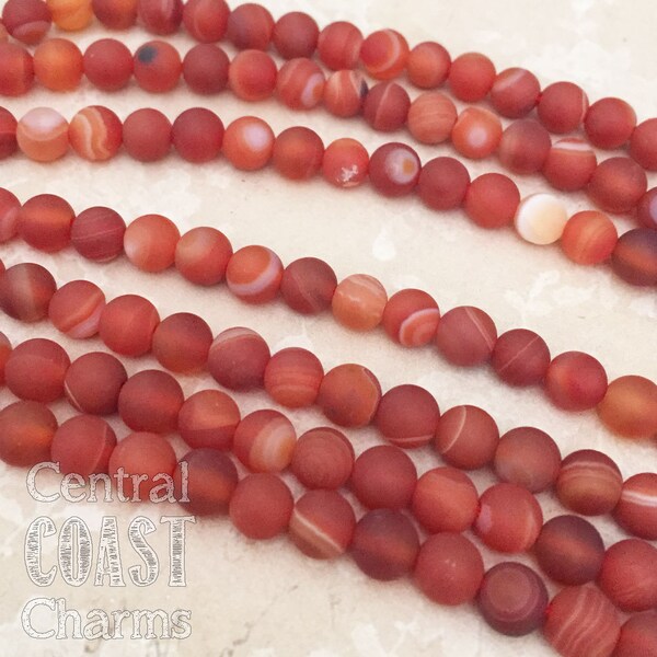 6mm Matte Carnelian Agate Smooth Round Gemstone Beads - 15" strand - Orange Red Earthy Bohemian Mala Healing Chakra - Central Coast Charms