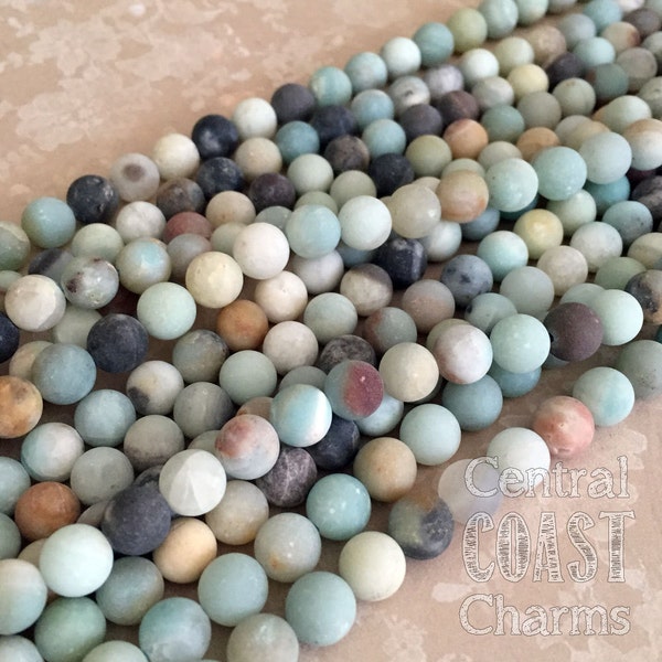 8mm Matte Amazonite Gemstone Beads - 15.5" strand - (46) Opaque Milky Blue Green Gray Tan Black Rustic Bohemian Earthy Central Coast Charms