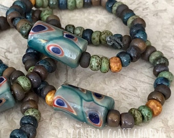 Tribal Mix - Aged Striped 32/0 Czech Glass Seed Beads & Handmade African Recycled Glass Krobo Tube Peacock Trade Bead - Central Coast Charms