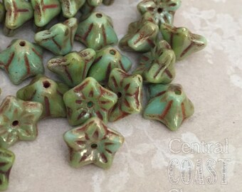 Czech Glass Bell Flower Beads 6mm x 9mm (25) Turquoise Blue Green Brick Picasso - Bohemian Chunky Daisy Tulip Posey - Central Coast Charms
