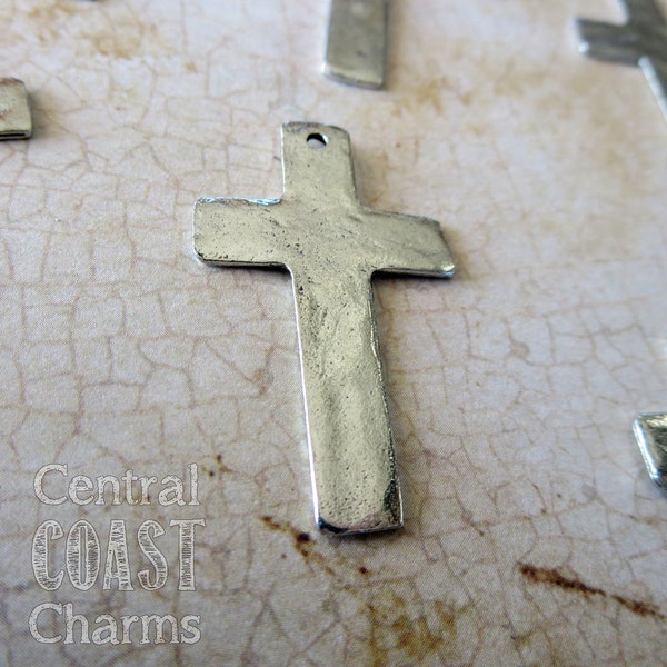Rustic Old World Hammered Pewter Ancient Cross Charm Pendant - Antique Silver - 32mm x 20mm - Central Coast Charms
