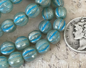6mm Czech Pressed Glass Picasso Fluted Melon Bead Spacer (25) Bohemian Gypsy Luxe Opal Milky Aqua Blue Mercury Finish - Central Coast Charms
