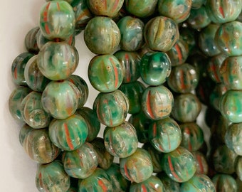 300 beads - 6mm Czech Pressed Glass Picasso Fluted Melon Beads 12 strands Boho Distressed Green Red Rustic Wash Picasso Central Coast Charms