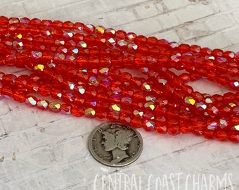 4mm Czech Glass Faceted Round Fire Polished Bohemian Beads (50) Ruby Red Siam AB Transparent Aurora Borealis - Central Coast Charms