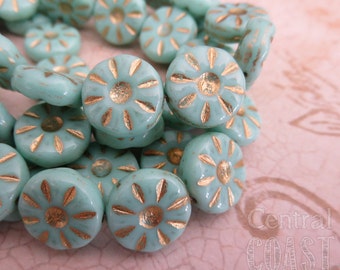 12mm Czech Glass Chunky Carved Daisy Coin Disc Beads - 10pcs - Milky Mint Green - Gold Picasso - Shabby Vintage Style - Central Coast Charms