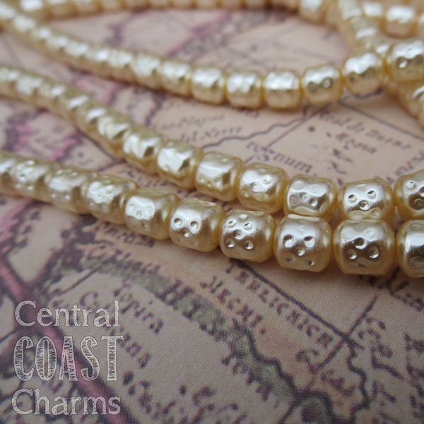 6mm Antique Cream Baroque Hammered Pitted Dimpled Czech Glass Barrel Pearl Beads - 25 pcs - Shabby Vintage Style - Central Coast Charms