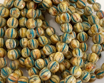 300 beads - 6mm Czech Pressed Glass Picasso Fluted Melon 12 strands Boho Distressed Milky Cream Turquoise Wash Picasso Central Coast Charms