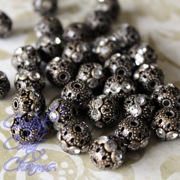 8mm Vintage Style Aged Brass Patina Rhinestone Filigree Beads Rondelle - 8 pcs - jewelry design assemblage - Central Coast Charms