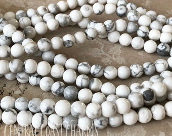 6mm White Howlite Gemstone Smooth Round Beads - Chakra Mala Healing - Earthy Rustic Boho - 15.5" strand - 68 beads - Central Coast Charms