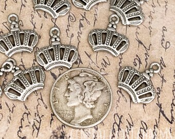 Antique Silver Metal Crown Charms - Small Crown Pendants (12) Royal Princess Old World Jewelry Design Assemblage - Central Coast Charms