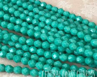 Czech Glass Bead - Faceted Round Beads - Fire Polished Beads - Turquoise Green Bead - 6mm Czech Beads - Bohemian Bead - Central Coast Charms