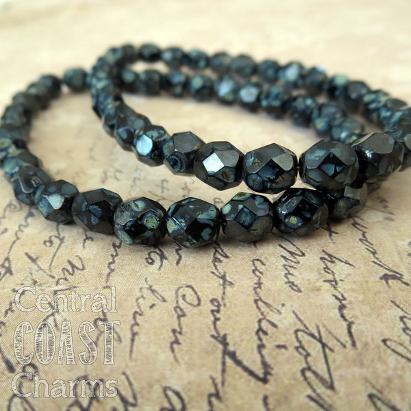 Fossil Bits - 6mm Czech Bohemian Glass Faceted Round Fire Polished Beads - Opaque Black - Silver Gray  Picasso (30) - Central Coast Charms
